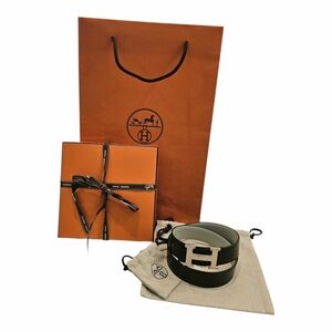 H belt buckle & Reversible leather strap 32 mm in Ébène /Gris Névé Size 75